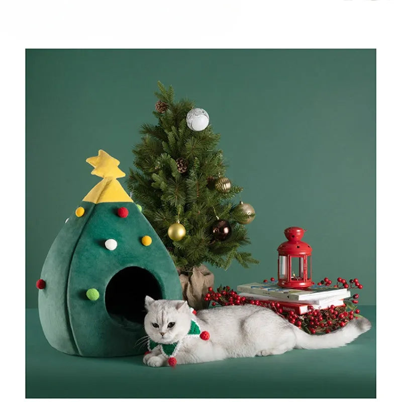 Plush teddy pet bed in Christmas tree cave shape with detachable and washable cover