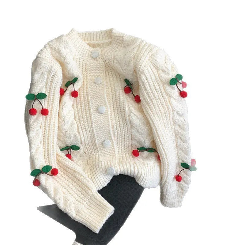 Cherry 3D pattern loose polyester sweater for women in pink colour with long sleeves and sweet Korean style