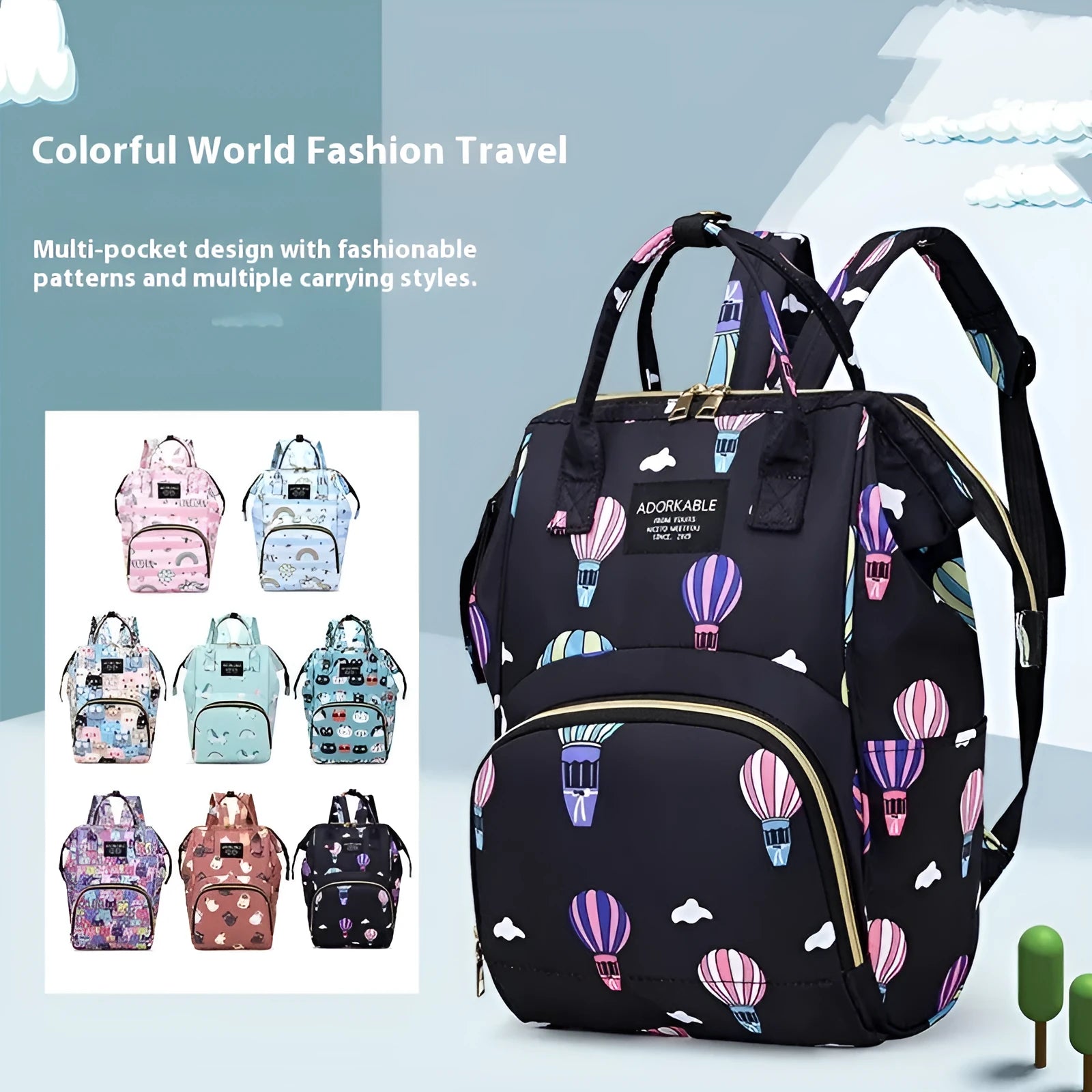Large capacity nylon casual backpack for moms with animal print and airpillow straps in A Lot Of Cat Gray pattern