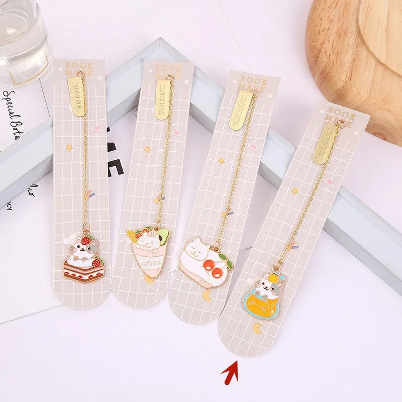 Cat metal pendant bookmark with creative cartoon designs including Strawberry Cake Cat and Cherry Sleeping Cat