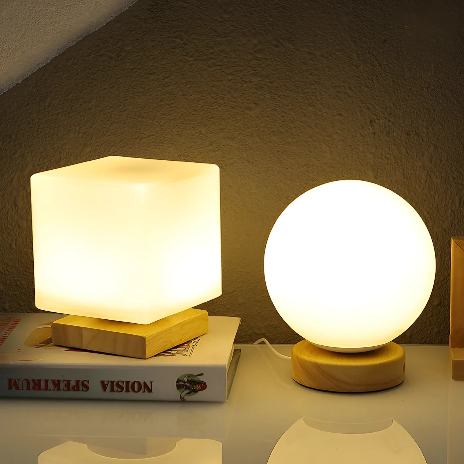 Nordic USB table lamp with geometric white light and solid wood decoration on bedside table