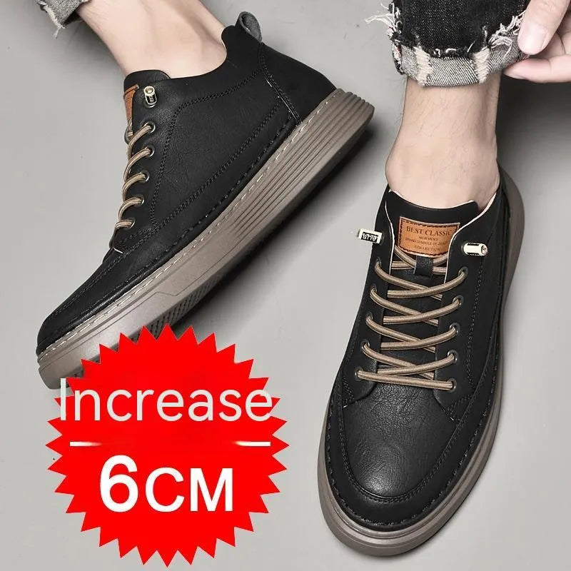 Men's round toe elevator shoes in black with 6cm hidden height increase, two-layer cowhide upper and rubber sole