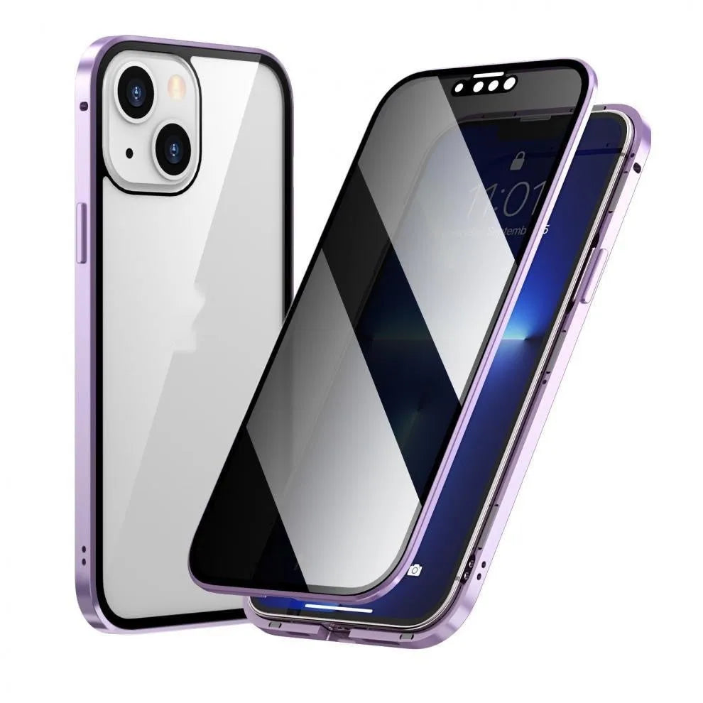 Anti-peep magnetic phone case in transparent black for Apple iPhone 16 Pro Max with aluminium alloy frame and double-sided glass