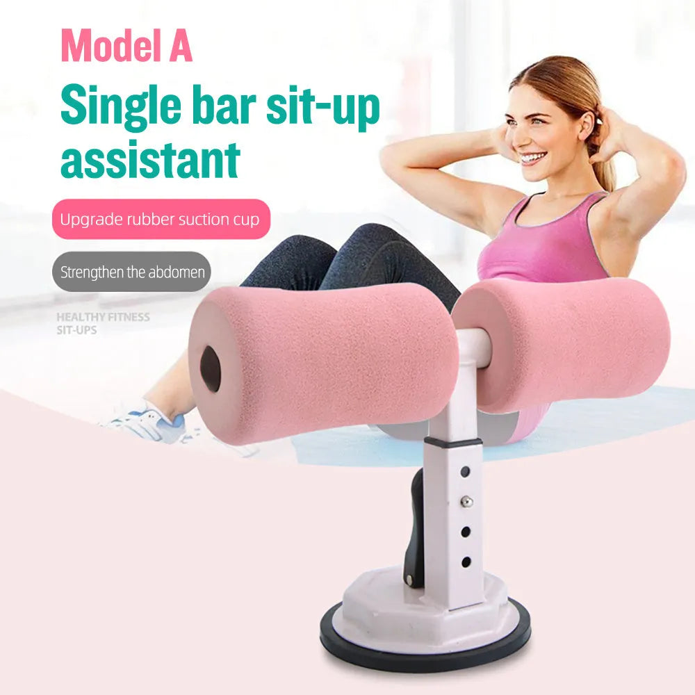 Pink adjustable sit-up bar floor assistant, 27x21cm, with foam padding and suction base