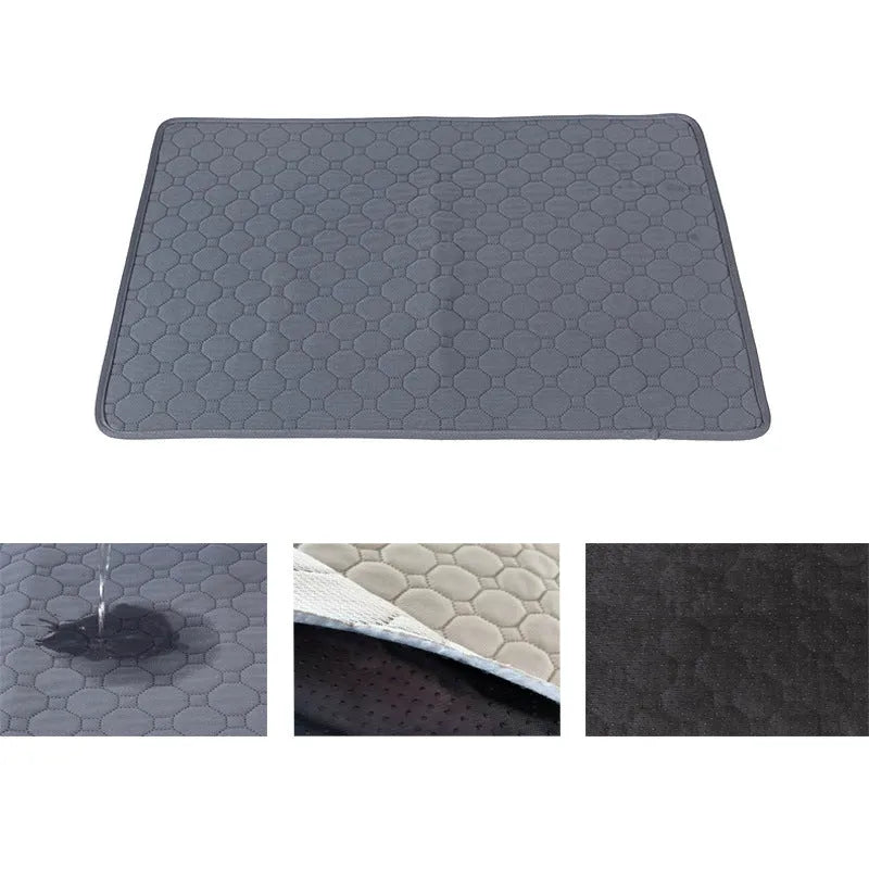 Washable dog pee pads in tan and grey colours showing multiple size options for pet protection