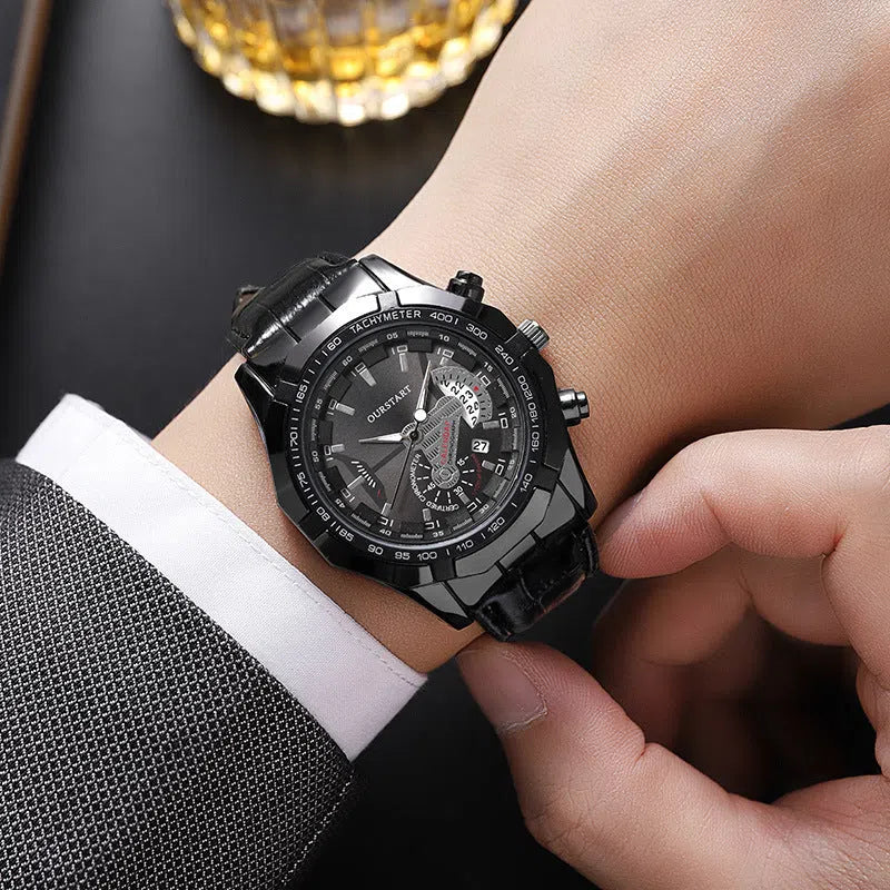 Non-mechanical calendar business watch with silver case and black surface, 45mm dial, imitation leather strap