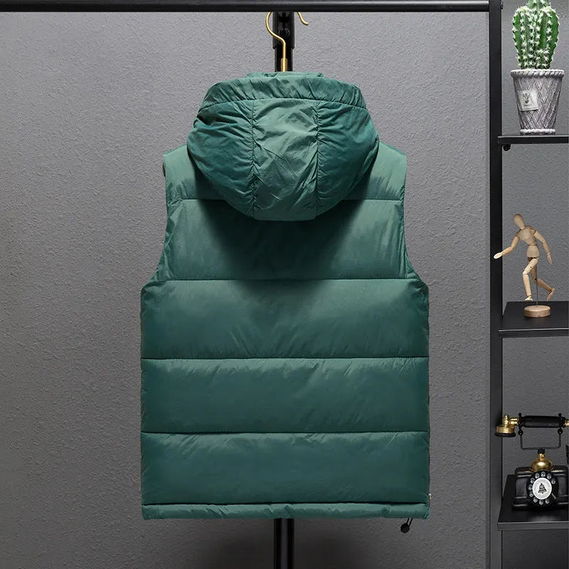 Men's thickened down cotton vest in black or green, sleeveless waistcoat jacket, sizes M to 3XL, 50cm length