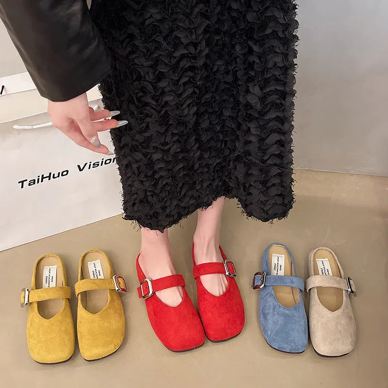 Women's flat half slippers with closed toe square head design in multiple colour options