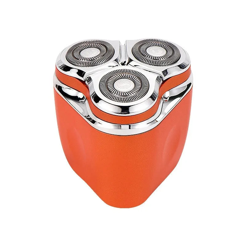 Mini three-head electric shaver rechargeable with 60-day battery life, fully washable, available in lava orange