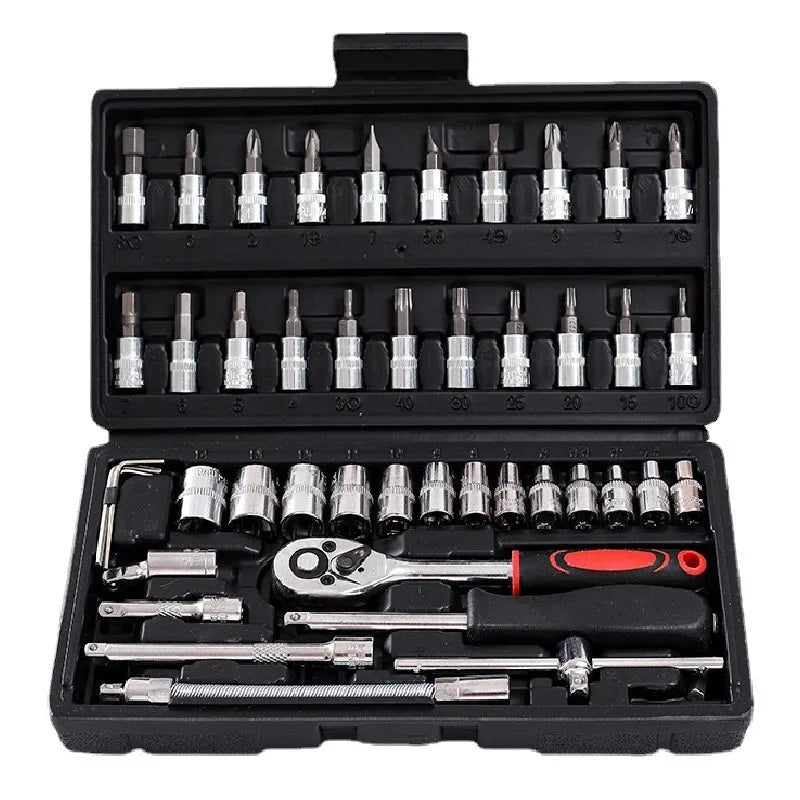 Cr-V steel socket ratchet wrench set with multiple piece count options on a workbench.