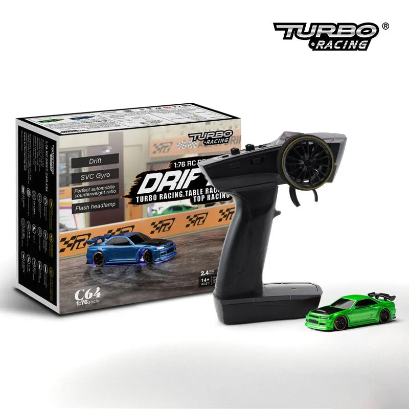Turbo Racing C64 1:76 scale RC drift car with blue body and P21-SVC remote control transmitter