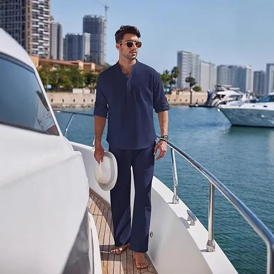 Men's casual cotton suit set in solid colour with long sleeve top and matching trousers