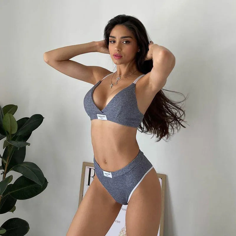 Women's grey embroidered bikini underwear set with sleeveless top and shorts