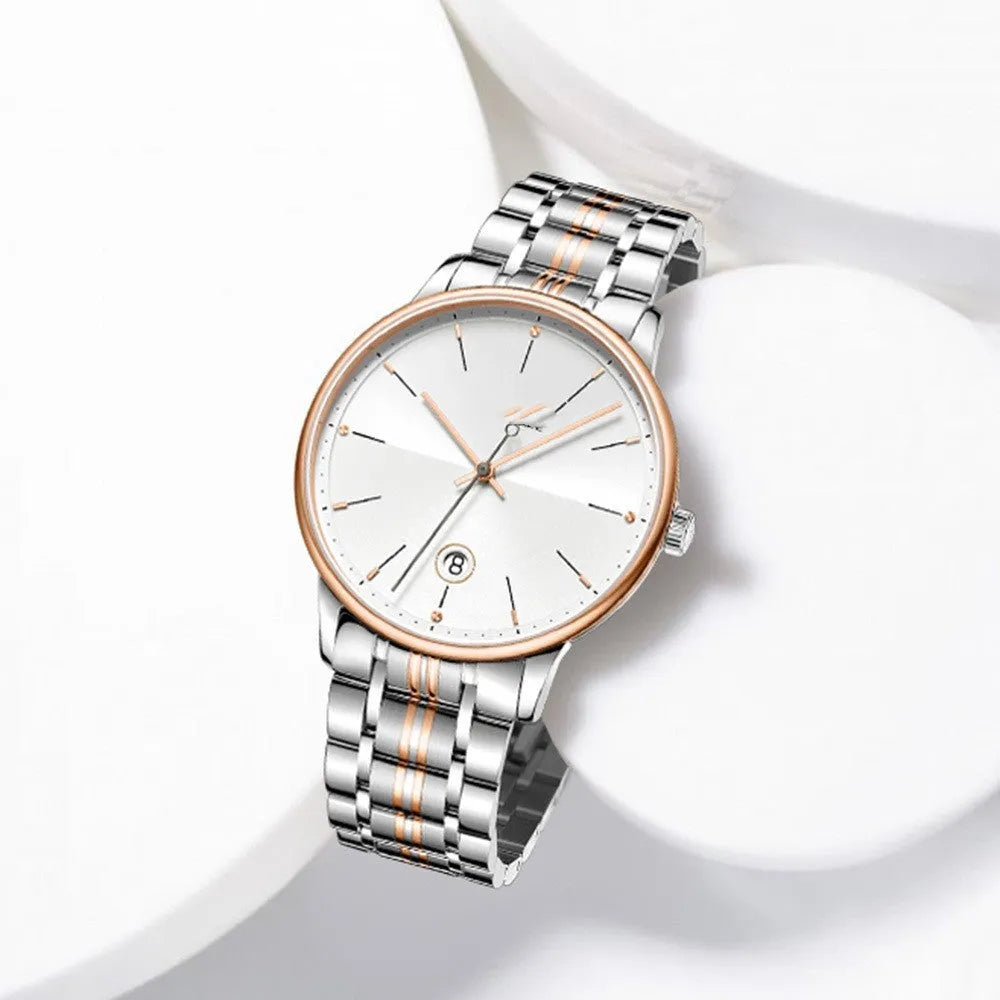 Men's 42mm mechanical watch with hollow movement, luminous dial, and stainless steel case on a white background