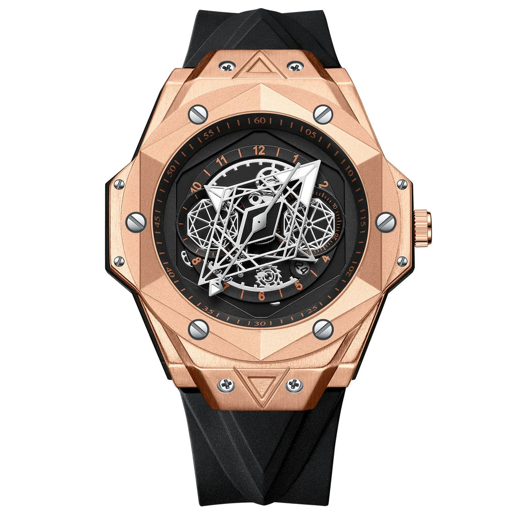 Men's waterproof silicone quartz watch with black leather band and black stainless steel surface