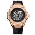 Men's waterproof silicone quartz watch with black leather band and black stainless steel surface