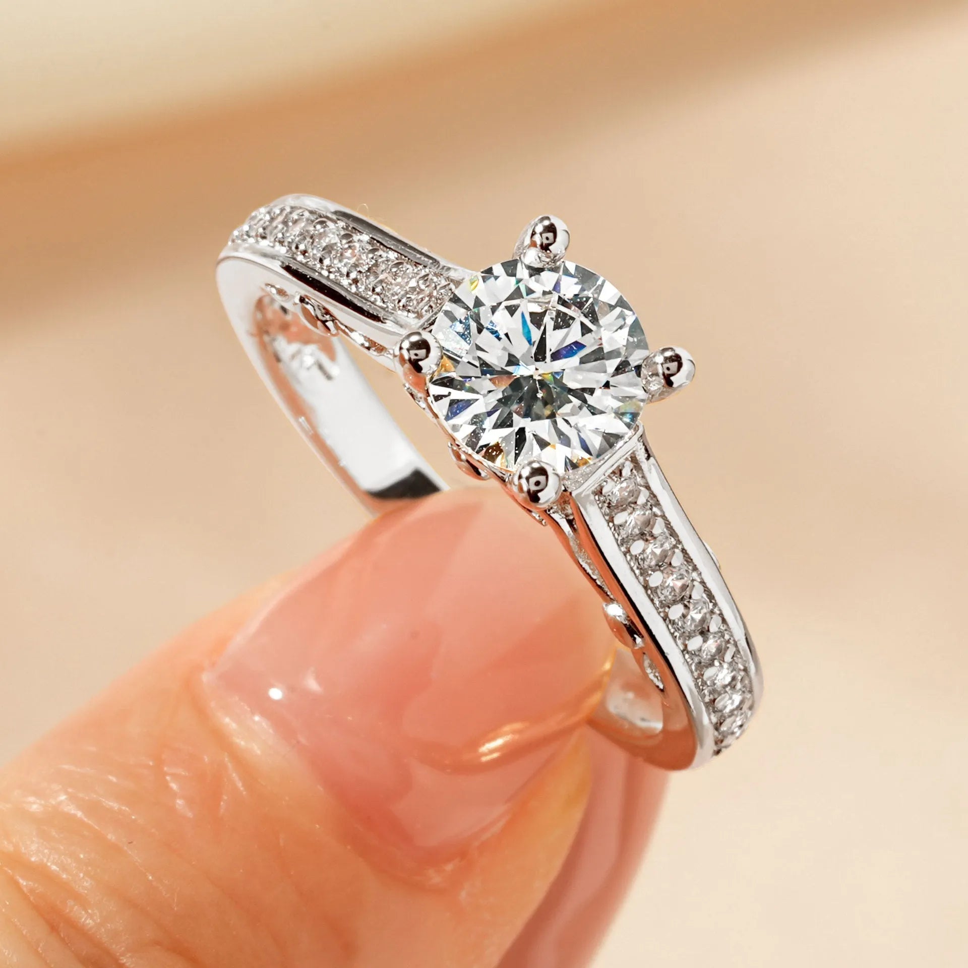 Women's electroplated copper zircon ring with geometric design in K White or K Yellow finish