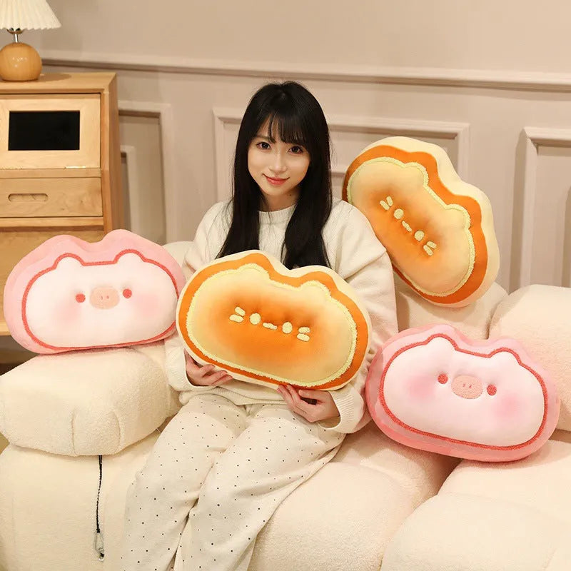 Cheese shape plush pillow 40cm in caramel kitten and strawberry pig designs