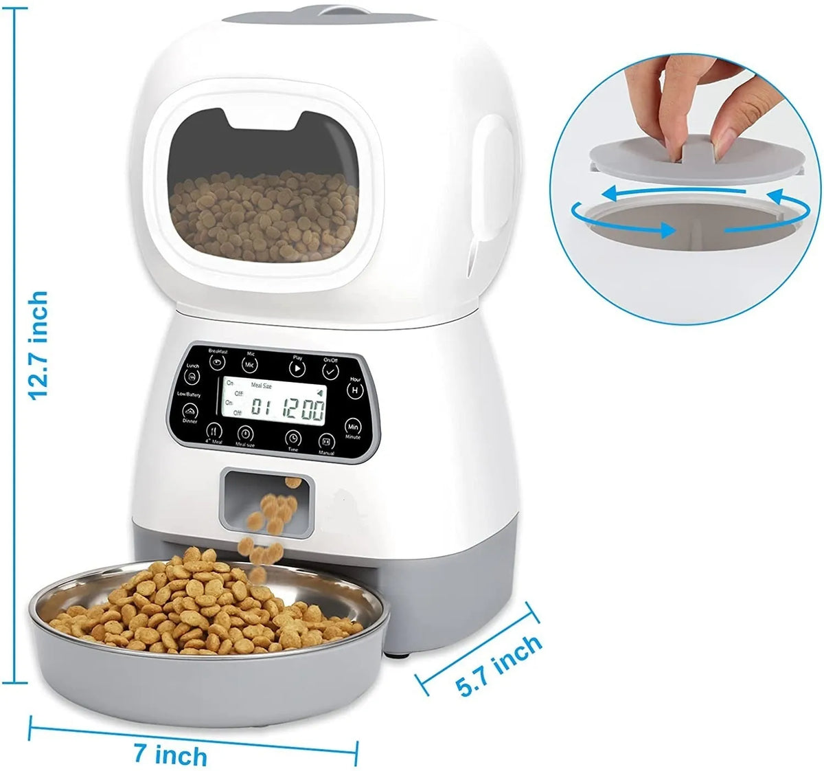 White ABS pet automatic feeder with button control for fixed point and manual feeding for cats and dogs