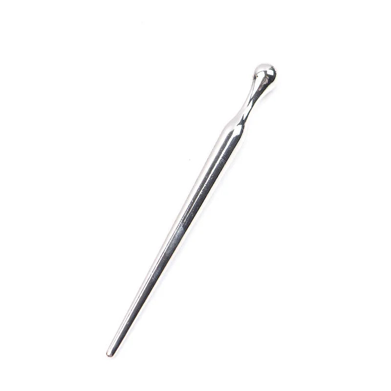 Silver metal urethral stimulation stick with round beads on a plain background