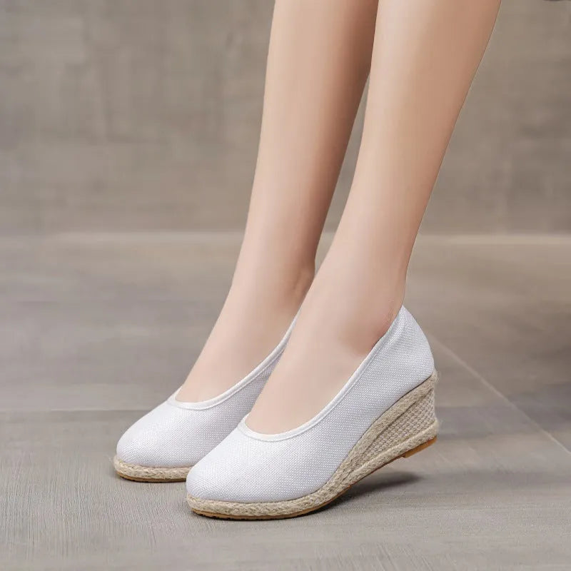 Women's high heel pointed straw wedge pumps in beige with cotton cloth upper and square toe
