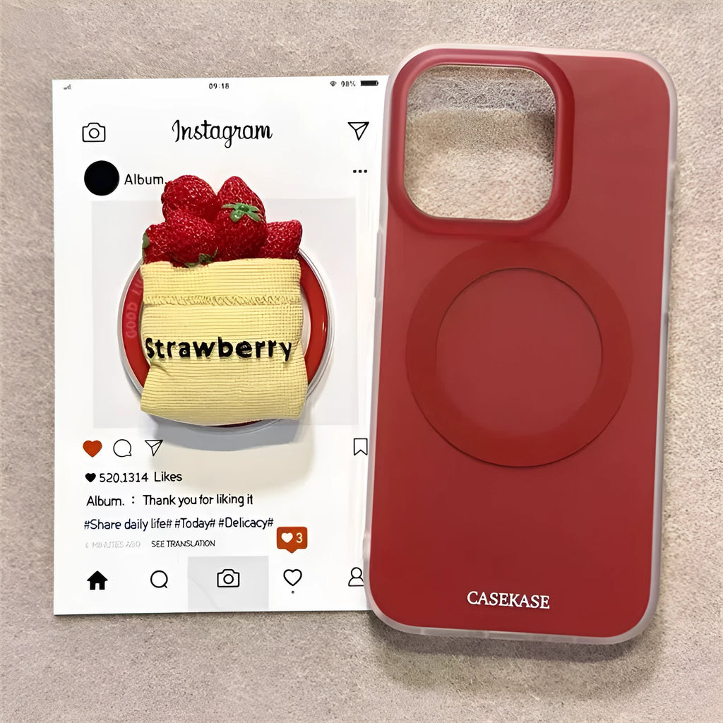 Silicone anti-fall phone case with magnetic strawberry bracket, frosted cloth texture, matte red finish, compatible with iPhone 14 Pro Max