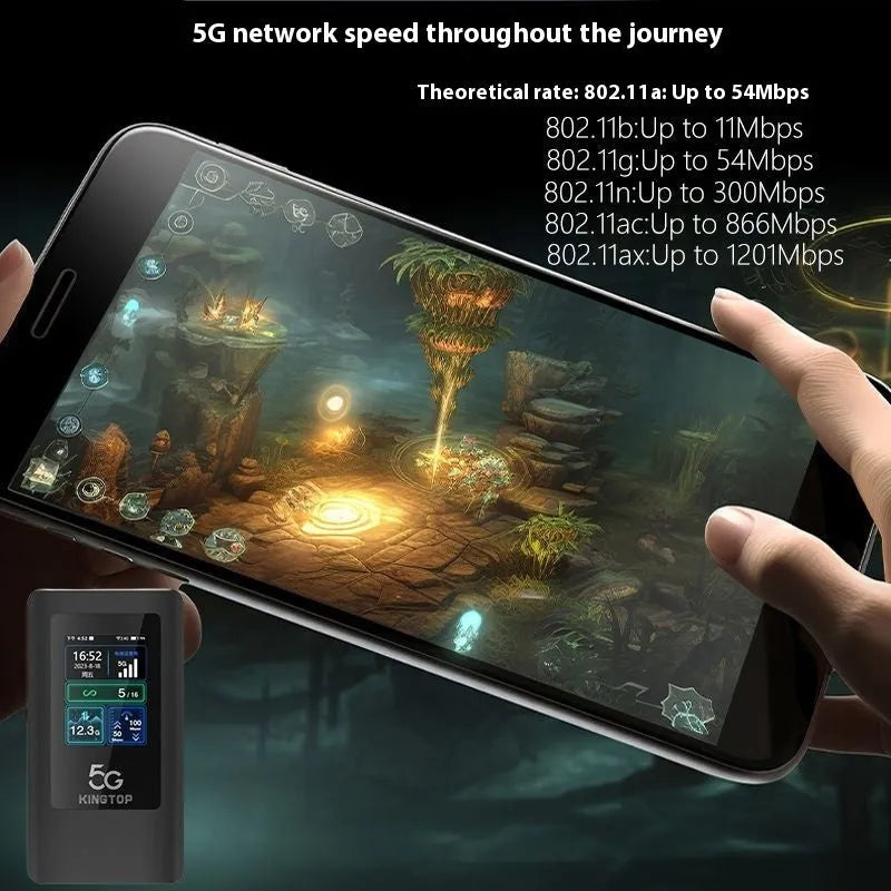 Black 5G portable Wi-Fi router with display screen, shown with charging cable and power adapter.