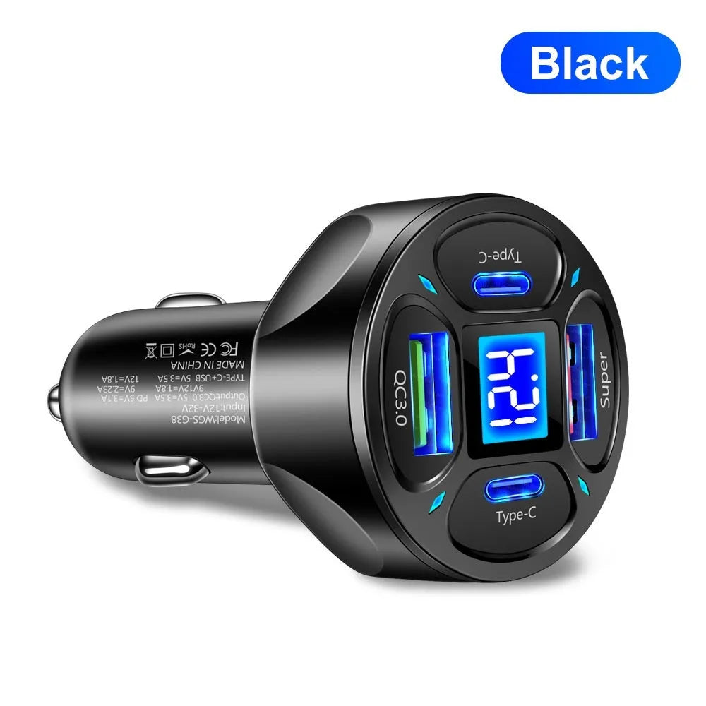 66W black car charger with digital display, two USB ports and two Type-C ports