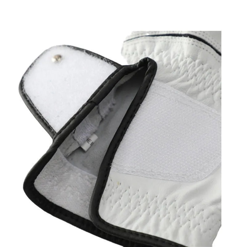 White men's golf glove showing half sheepskin leather palm on a hand.