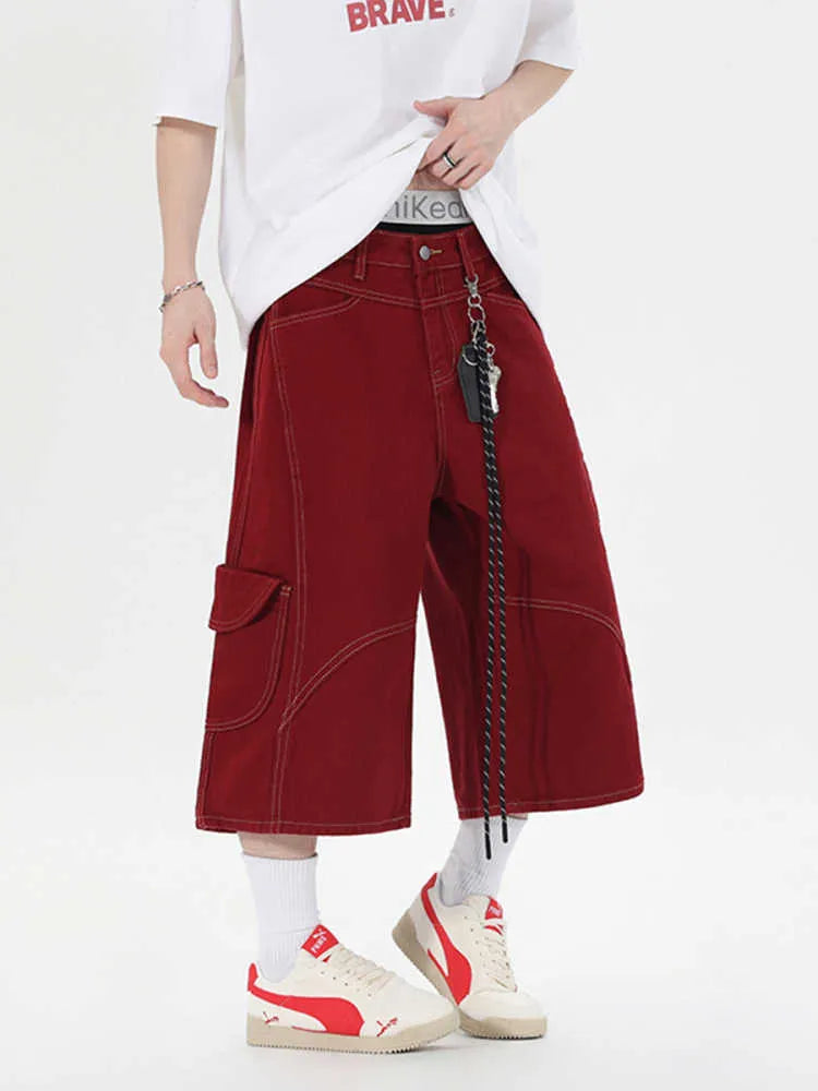 Women's retro multi-pocket denim shorts in wide leg cropped style
