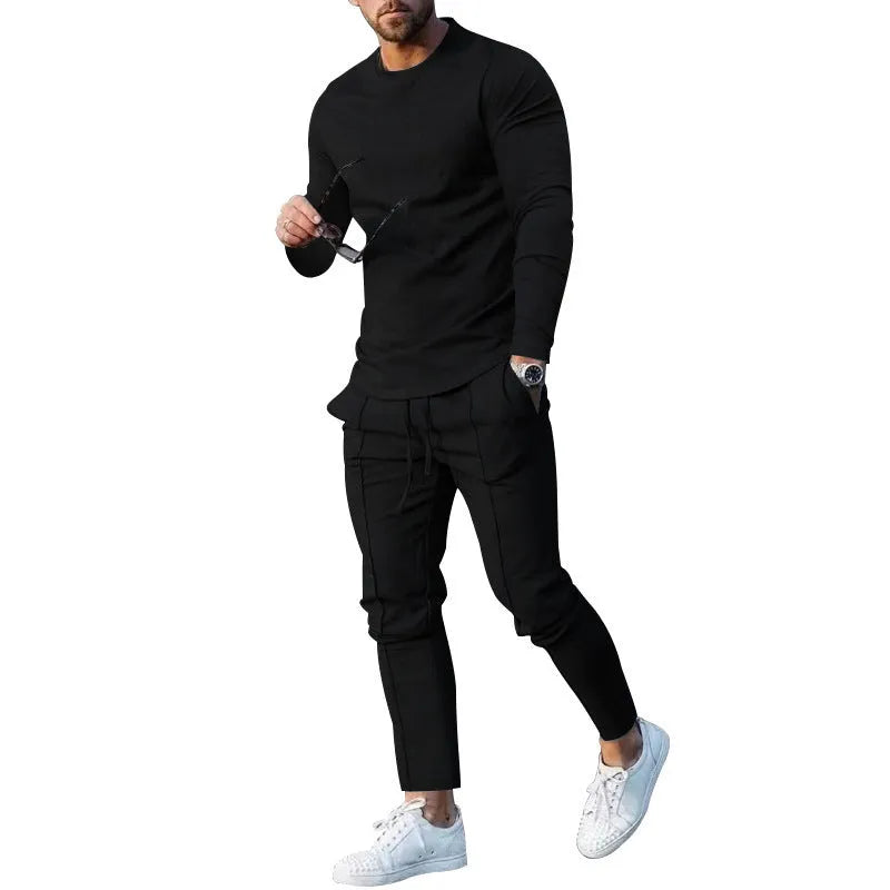 Men's light grey round-neck long sleeve T-shirt and trousers two-piece suit set on a hanger