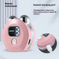 Portable hot compress facial massage instrument with micro current double-roller in light blue, pink, or white.