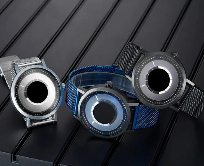 Pointerless liquid watch for men with round alloy case, stainless steel strap, and black dial