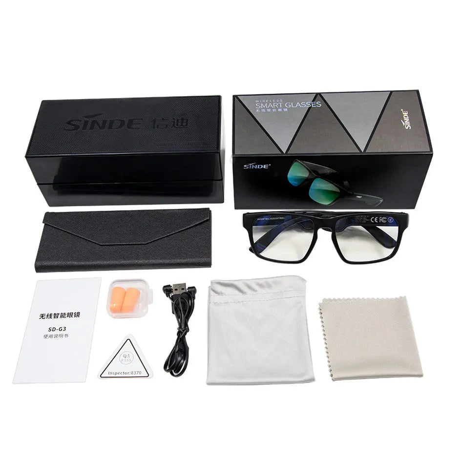 Smart Bluetooth sunglasses with red frame and black lens, touch control, and stereo loudspeaker for outdoor use