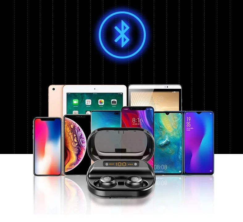 V11 Bluetooth earphone with digital display touch controls and 4000mAh charging storage box in black