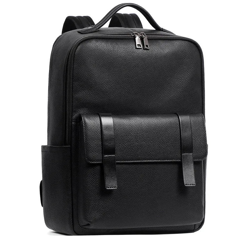 Black genuine leather computer backpack with 36-55 litre capacity and physiological curve back plate