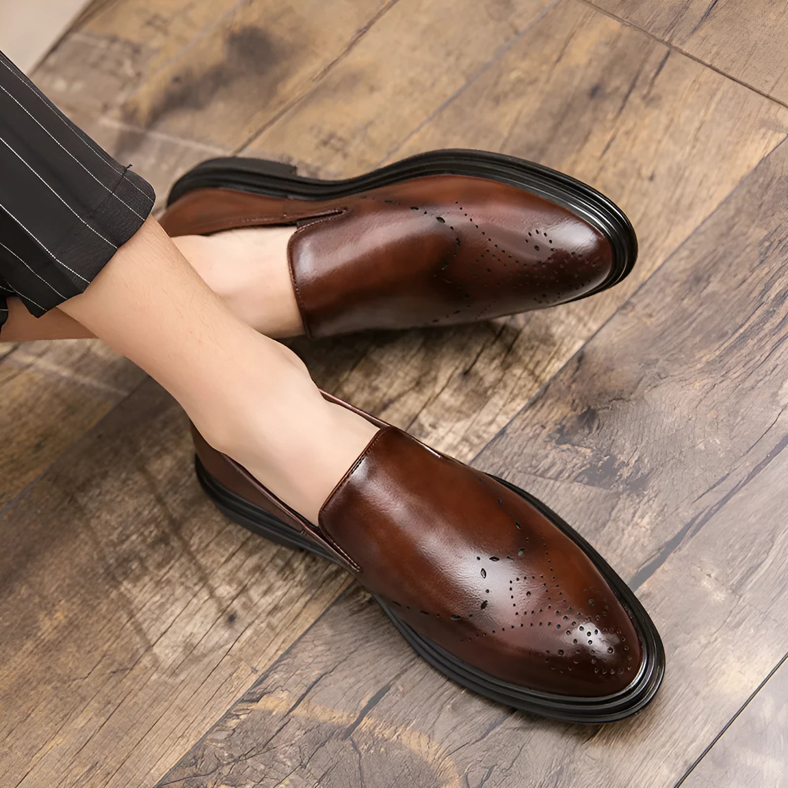 Big size men's slip-on loafers with pointed toe, black artificial PU upper and PU sole side view
