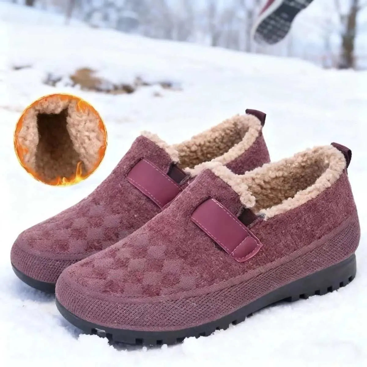 Women's Old Beijing cloth shoes with plaid upper, artificial velboa lining, and flat PVC sole in black, red, or khaki