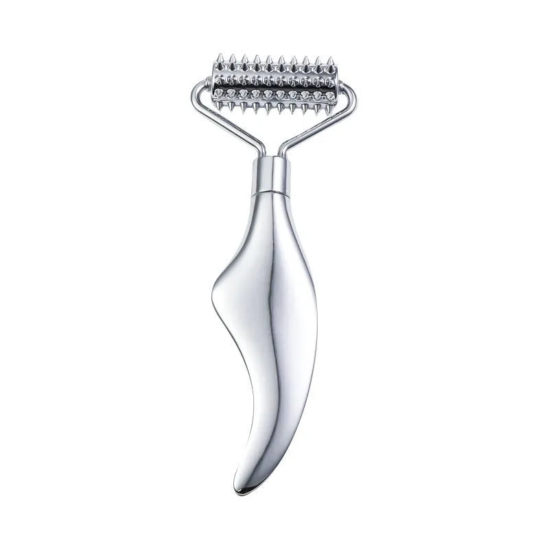Stainless steel facial massage roller and heart-shaped gua sha scraping plate on a simple background.