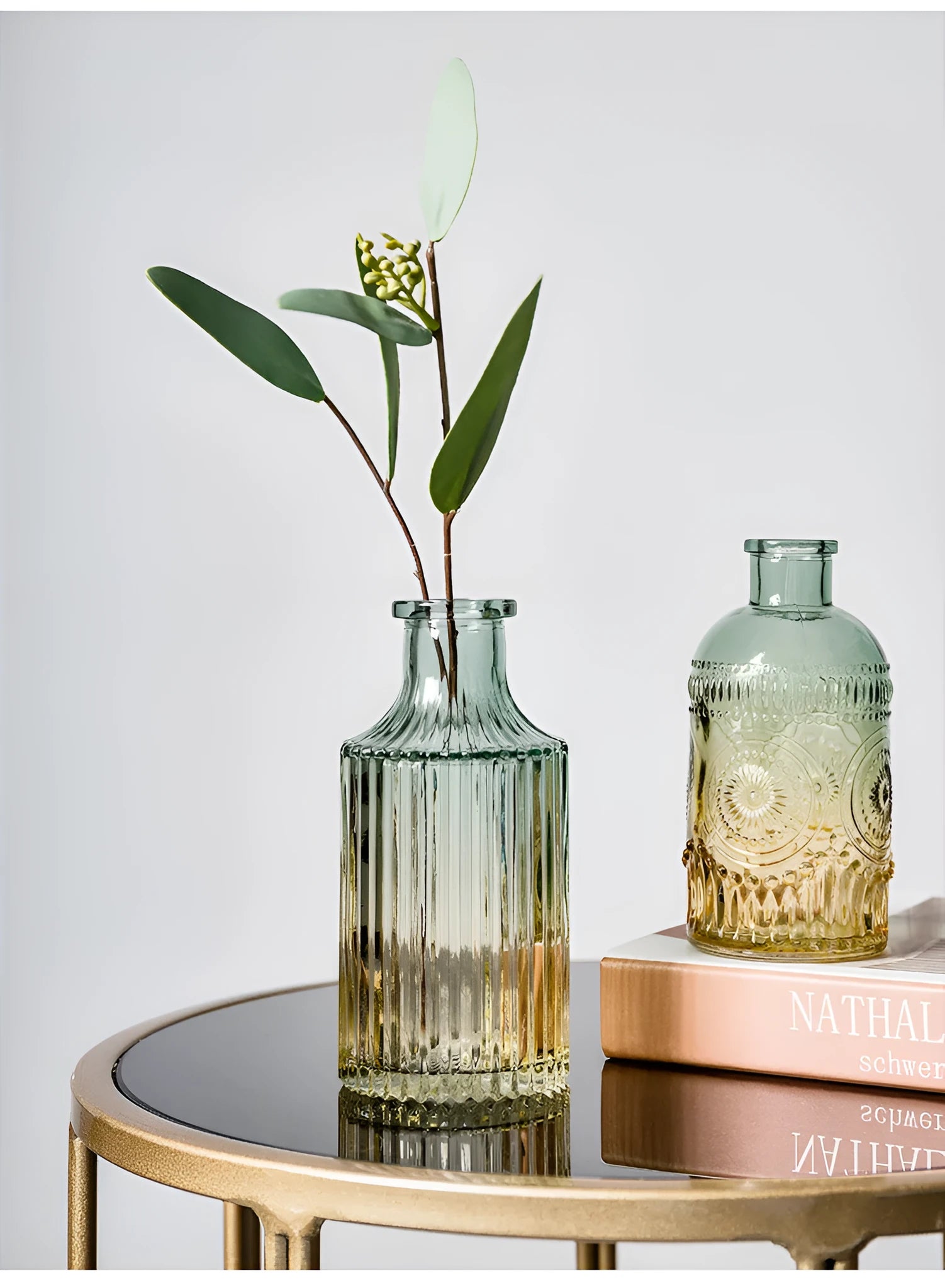 Set of five clear glass vases with colourful electroplated finish and thicker stable bottoms in various sizes