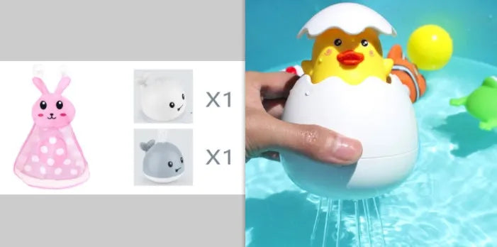Electric whale-shaped bath spray toy with water-activated automatic spray, LED lights, and floating capability