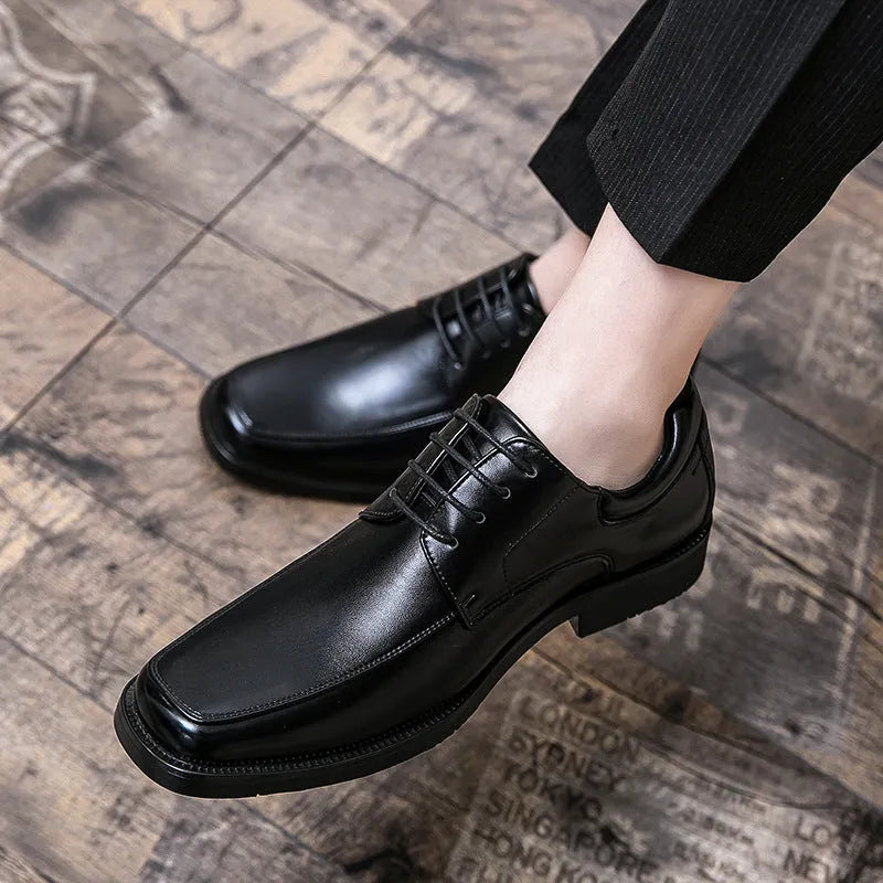 Men's black square toe business casual shoes with rubber soles and artificial PU upper