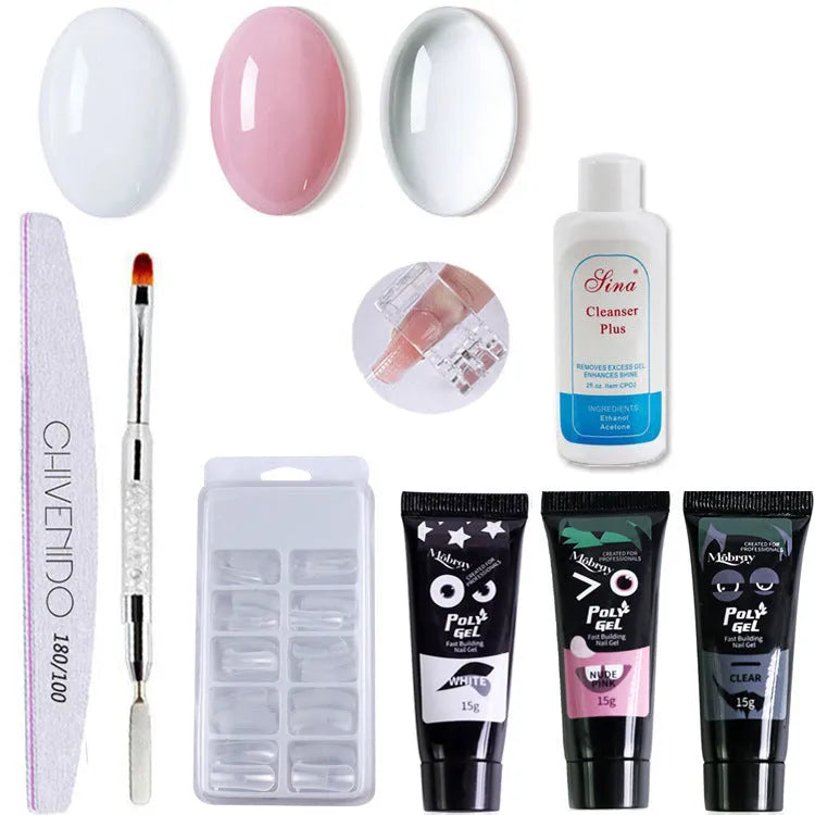 Nail crystal extender set with gel material, 18.5cm tools, 30ml cleaner, 3 polishes, brush, file, clamp, rinse, and box of 100 nails