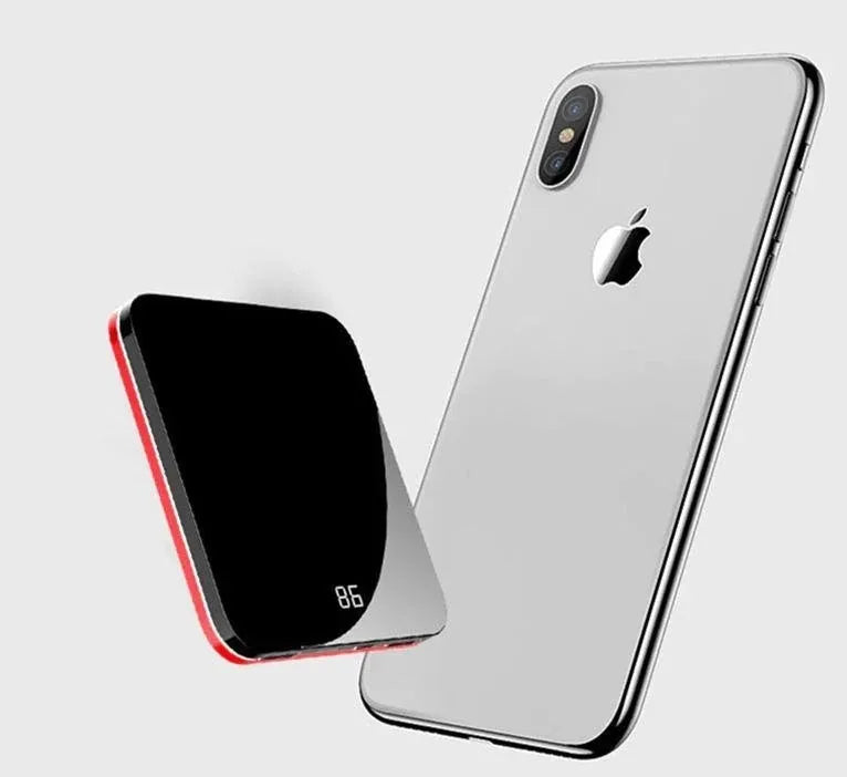 Ultra-thin mirror mini charging power bank with LCD display and alloy shell in black