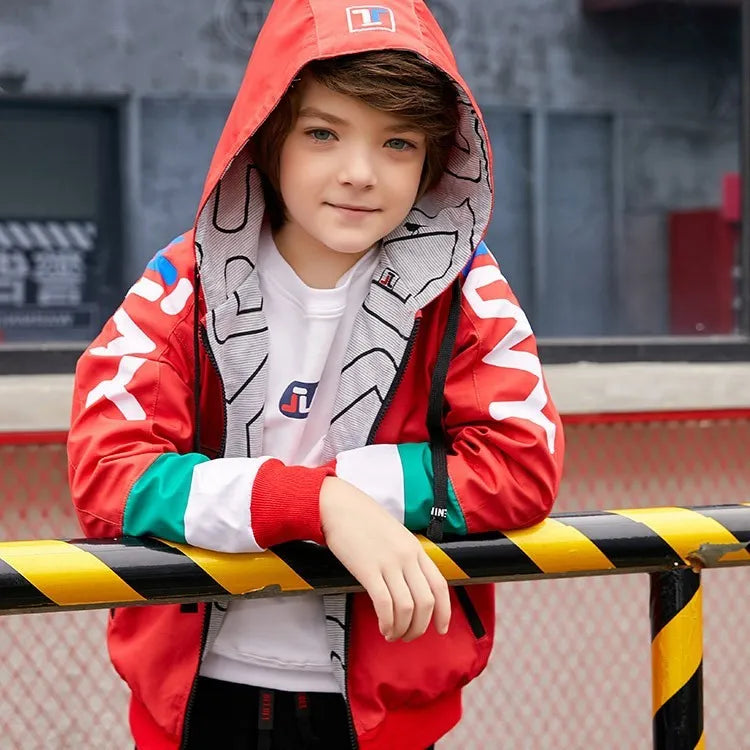 Boys hooded polyester sports jacket in royal blue for autumn winter, long sleeves, size 120-160cm