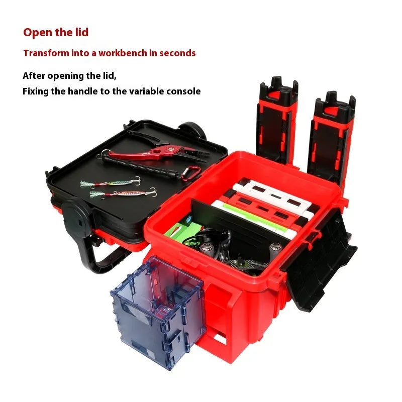 Portable double-layer ABS bait box with seat lid in blue, showing storage compartments