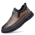 Men's solid black and brown leather casual shoes with round toe design on size chart.