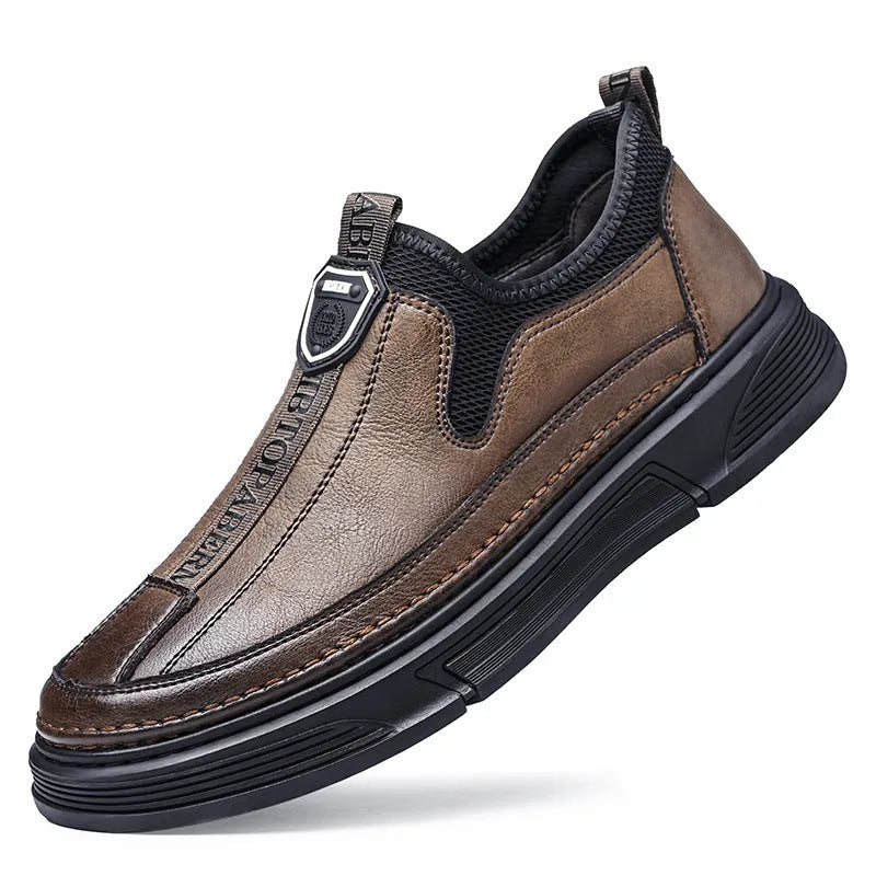 Men's solid black and brown leather casual shoes with round toe design on size chart.