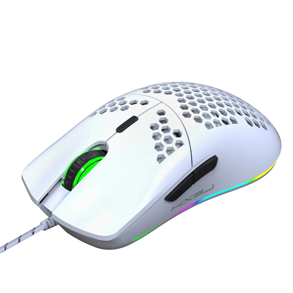 J900 lightweight honeycomb shell wired gaming mouse with RGB lighting, black colour, 6 buttons and 150cm cable