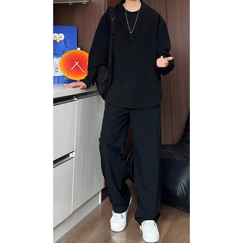 Men's black slim fit polo shirt and trousers two-piece casual suit made from elastic hemp fabric